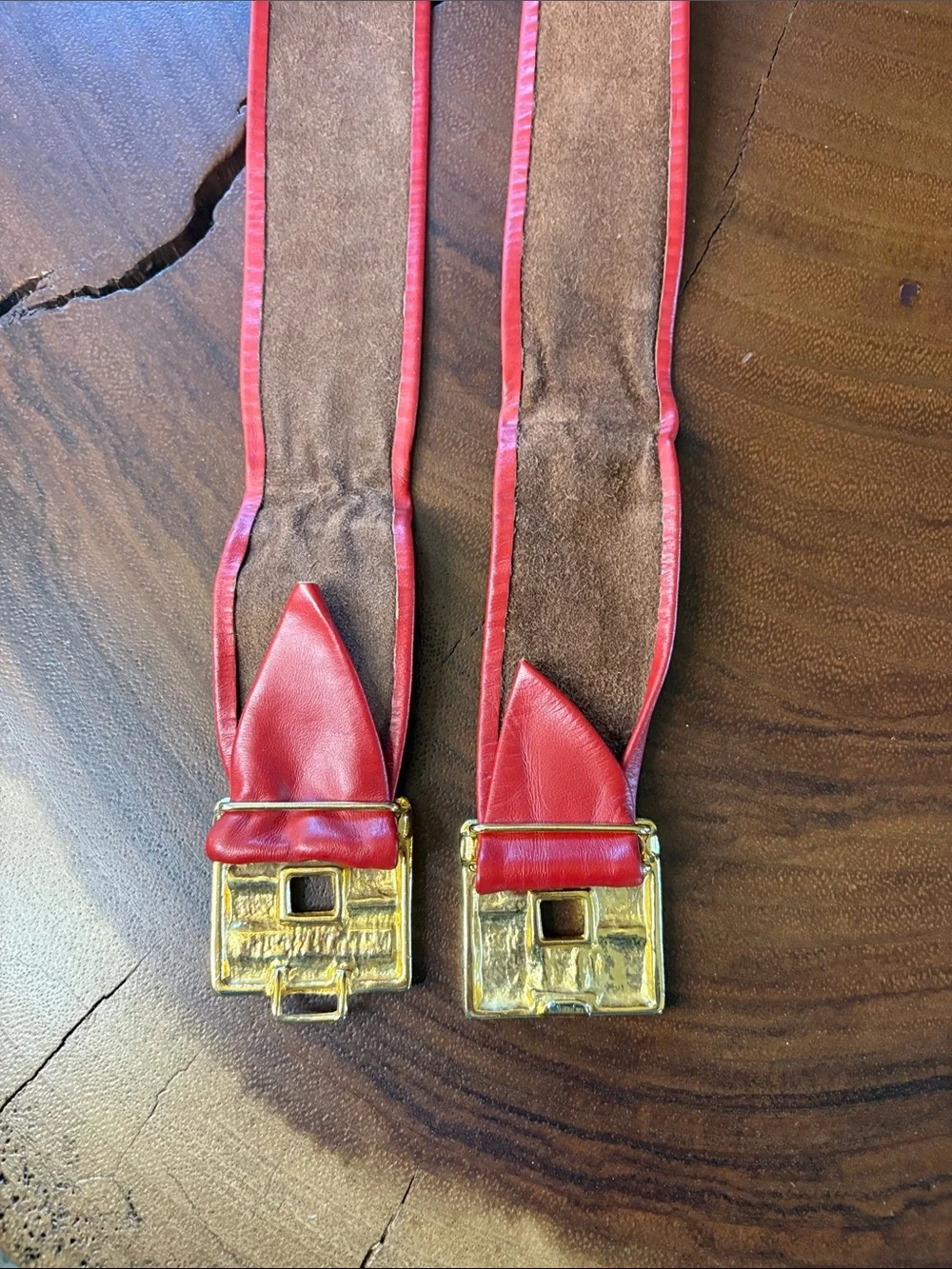 Vintage 80s Red Leather Wide Belt Gold Statement Buckle Adjustable Waist